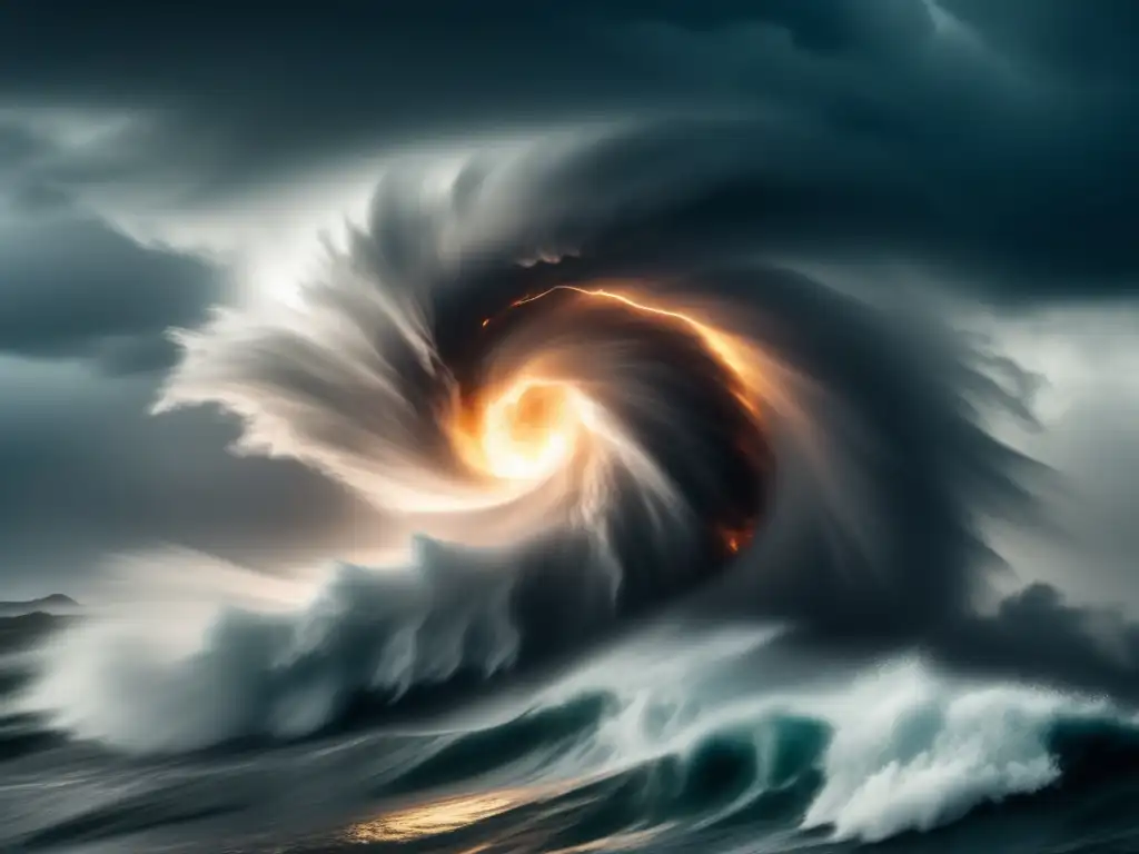 A cinematic style depicts the ominous mood of the hurricane's eye, featuring swirling winds and rain, surrounded by cloudy skies