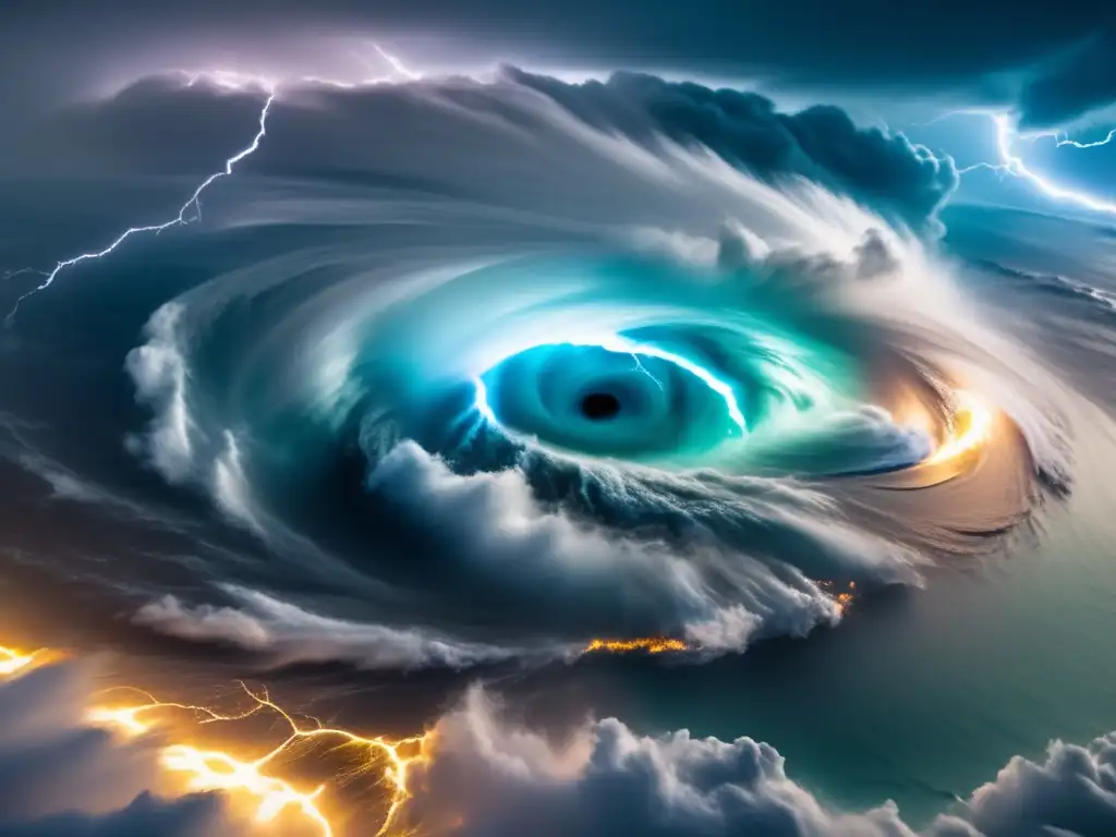 Witness the savage power of nature: A breathtaking cinematic view of a hurricane's eye from above, with swirling colors and lightning strikes