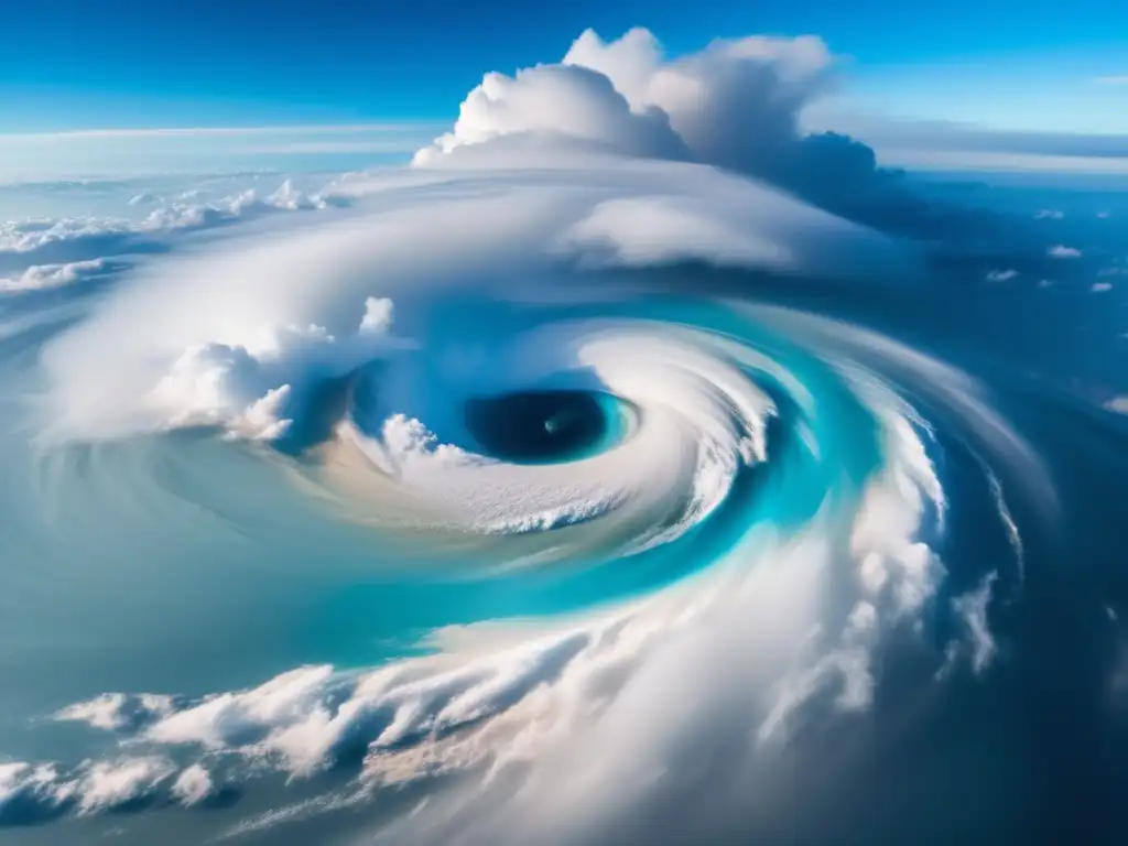 An aerial view of a powerful hurricane's eye, with swirling turquoise clouds and rain encircling a clear, fiery center, against a bright blue sky