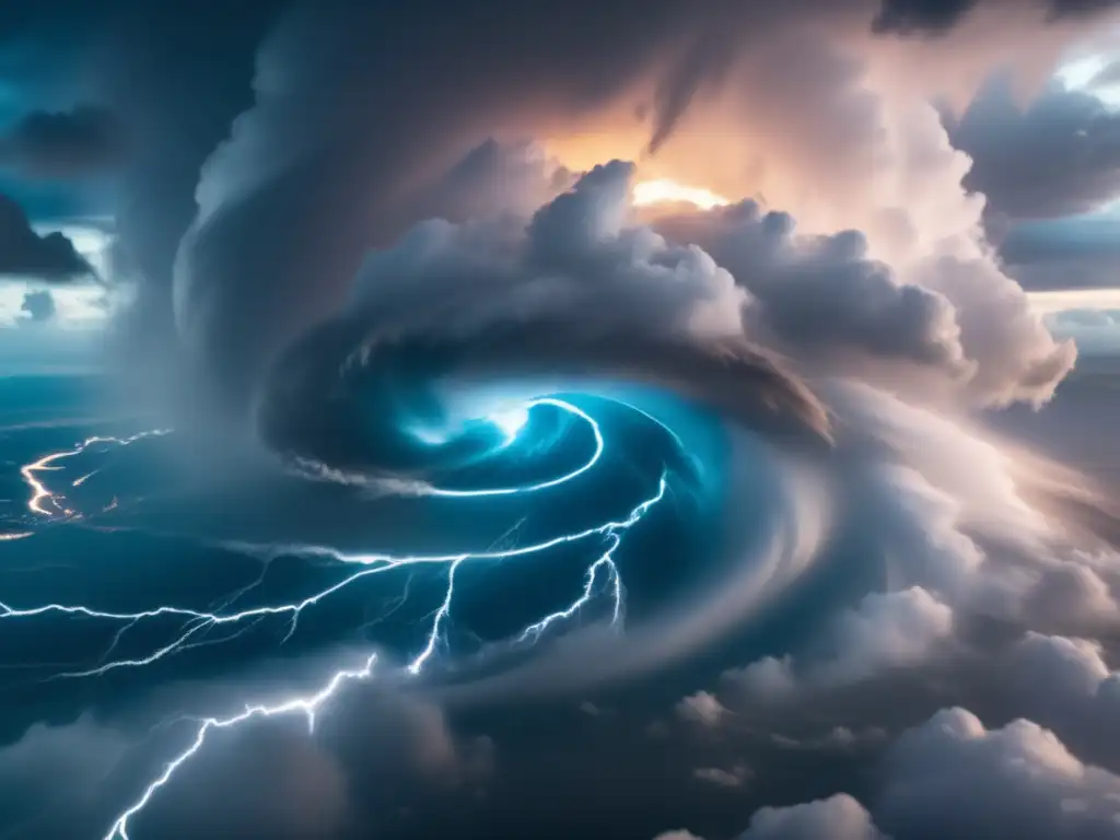 A haunting closeup of a stormy eye, edgy swirling clouds, and fiery lightning, all viewed from a helicopter