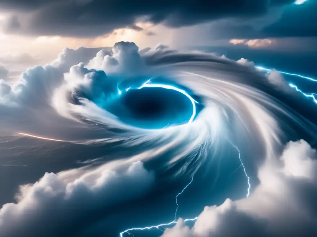 The hurricane's eye, swirling with fury and intensity, as lightning bolts dance across the dark and tumultuous sky, seen from above