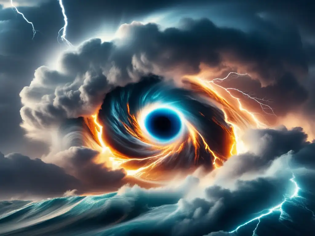 A mesmerizing image of a hurricane's eye, ablaze with unrivaled energy and might, illuminated by striking cinema lighting, while swirling clouds and lightning bolts roil around in epic grandeur