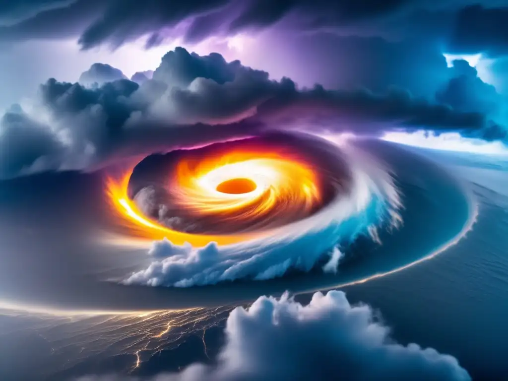 A breathtaking cinematic shot of a hurricane eye, captured from above, with probing arms forming a vibrant swirl of colors, lightning, and sun beams