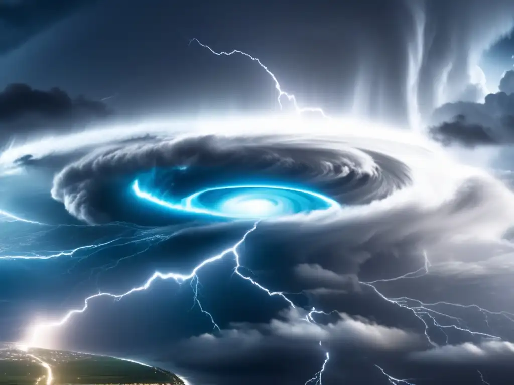 A gripping cinematic image of the eye of a hurricane's intense swirl, set against a stormy sky with jagged lightning flashes