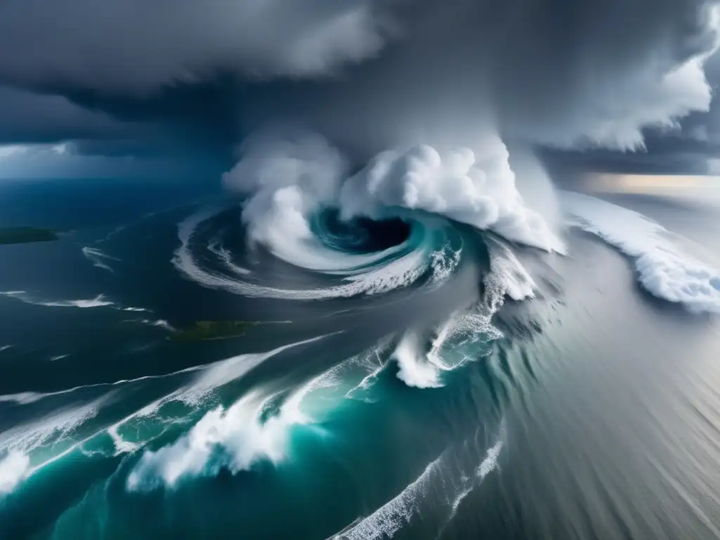 An intimate look at the devastation of a hurricane, as seen from above its eye, with a cinematic style and dynamic lighting