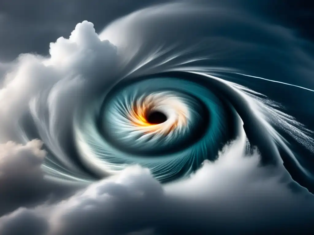 Hurricane's eye swirls with intensity, inky clouds and torrential rain bands lighting up the tempestuous sky