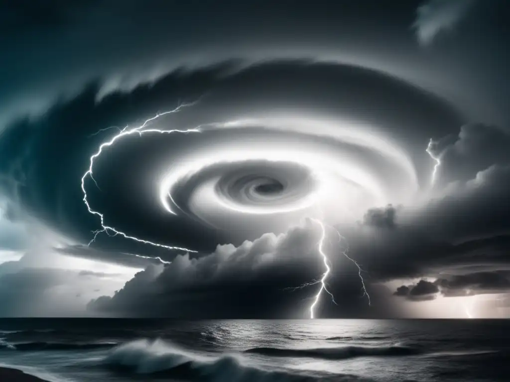 A dramatic black and white image of a hurricane's eye, with swirling winds visible in the foreground and lightning illuminating the background
