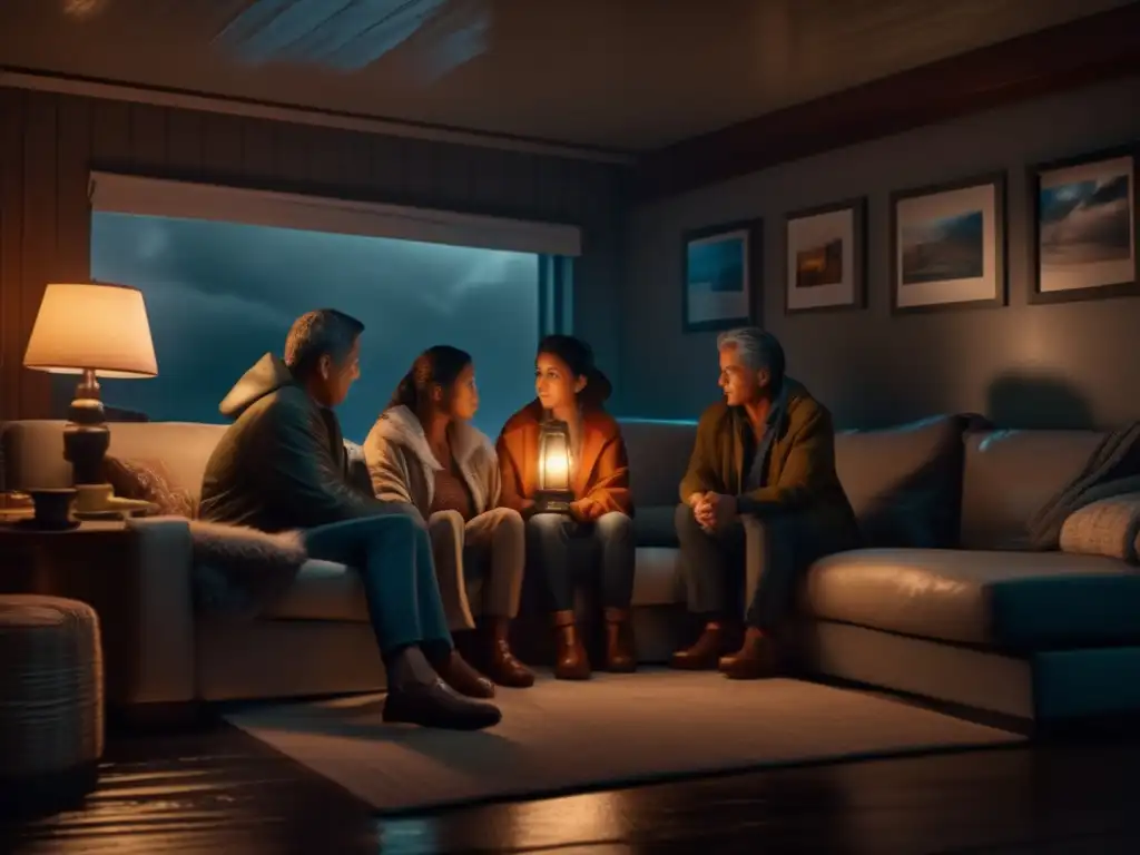 A cozy family huddled together during a hurricane, lit only by a single lamp, surrounded by limited supplies, and determined to endure the storm