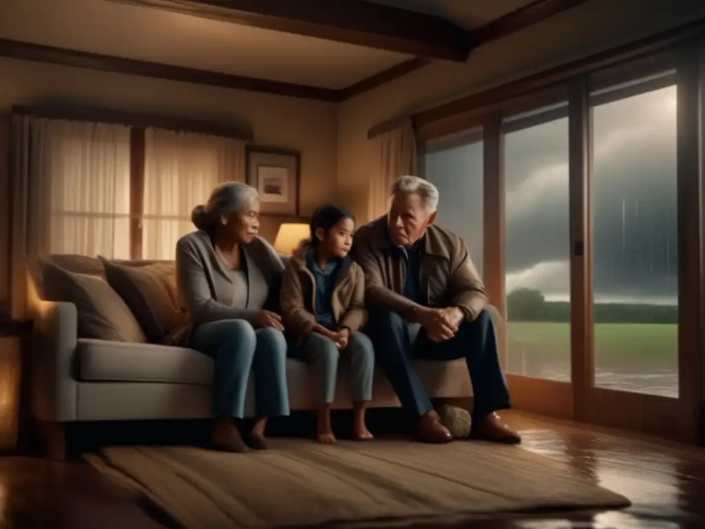 A family bonding moment in the eye of the storm: three generations huddle close, united by love and the chaos of the hurricane