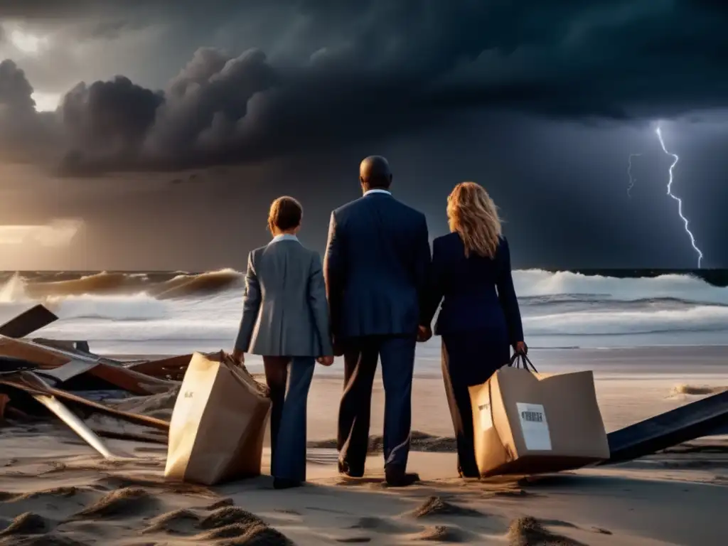 A heart-wrenching cinematic image of a resilient family standing in front of their destroyed home on a stormy beach post-hurricane