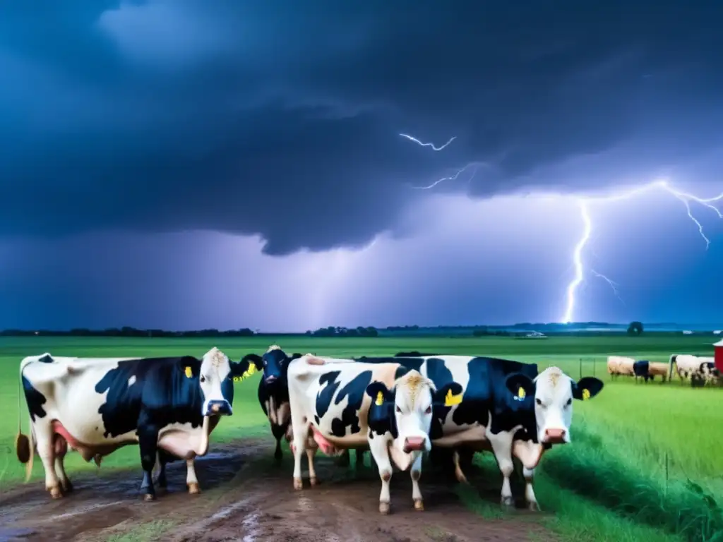 A powerful storm descends upon a rural farm, tearing through crops and livestock pens, darkness and lightning flashing in the sky