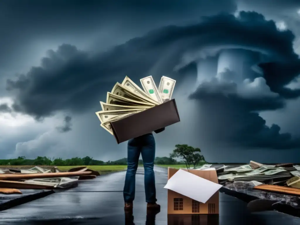 A person holds a stack of money in one hand while looking out at the stormy sky, their determination and resilience reflected in the hurricane-damaged building behind them