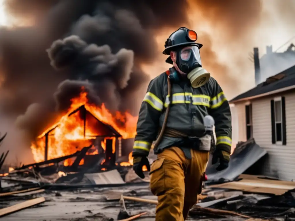 A brave firefighter stands in the midst of destruction during a hurricane, donning firefighting gear and a gas mask