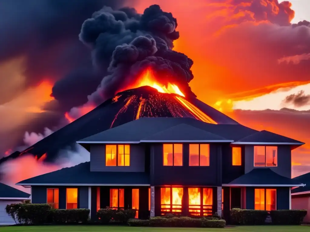 A still life of a fiery disaster: a burning building oozes black molten lava while a beautiful sunset washes over the scene