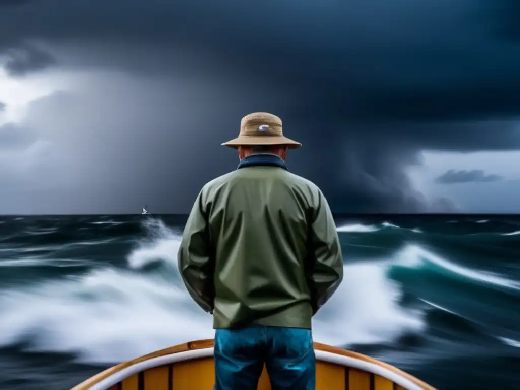 A melancholic portrait of a fisherman on his storm-tossed boat, holding a cell phone tightly as the waves crash and clouds obscure the sky