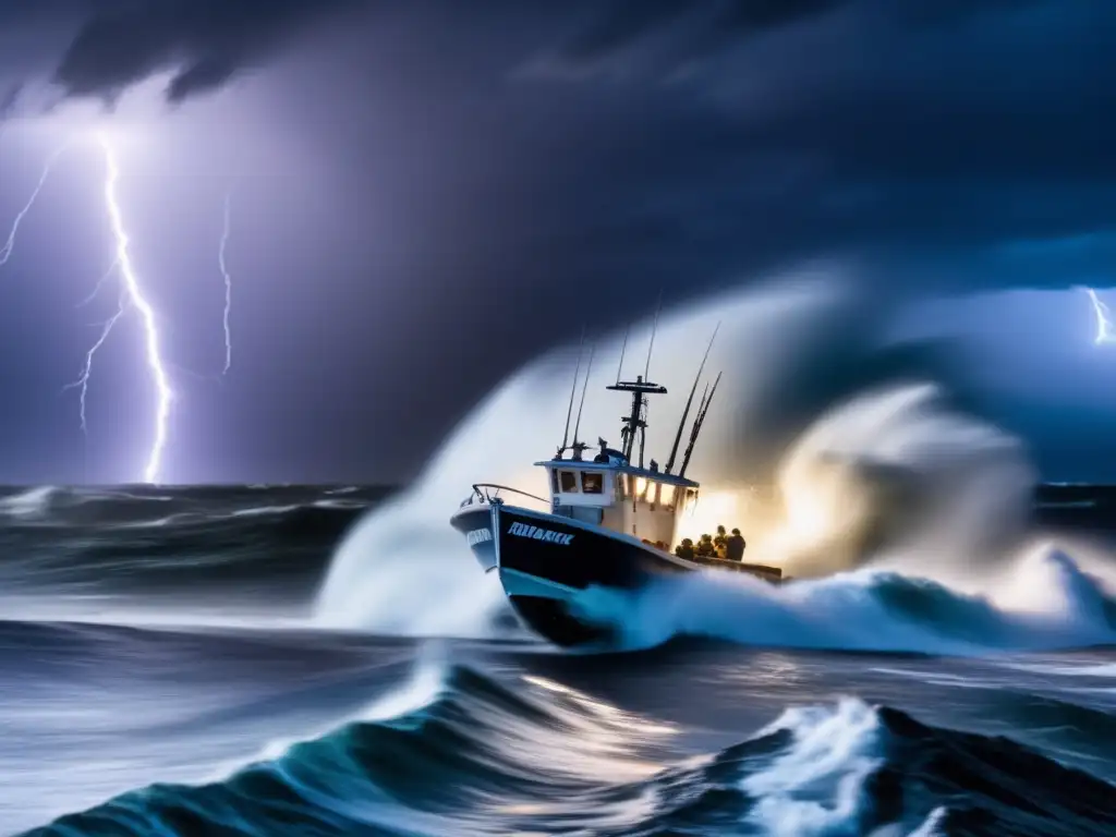 In a hurricane's onslaught, a small fishing boat battles waves, with marine safety kits in tow