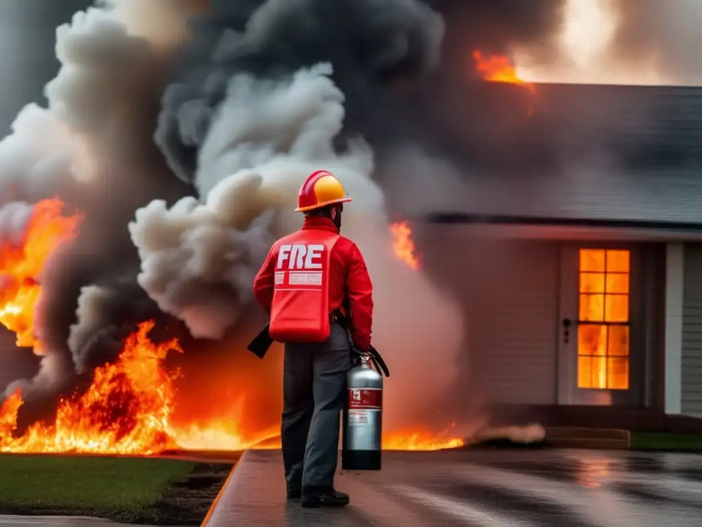 A person bravely stands outside amidst the hurricane winds, extinguisher in hand, ready to protect against the flames billowing behind them