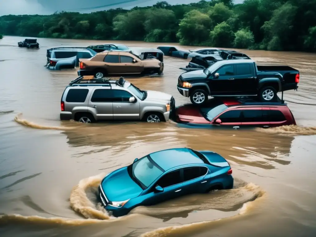 Flooded vehicles submerged in water, destroyed by hurricane's powerful river current, captured in dim lighting and wide-angle lens