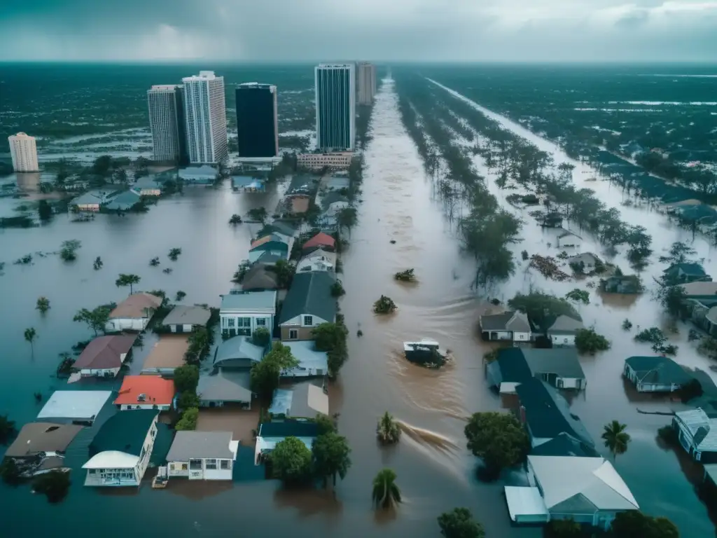 Hurricane wreaks havoc on cityscape, tall buildings drowned in water, homes and cars damaged, debris littered on streets