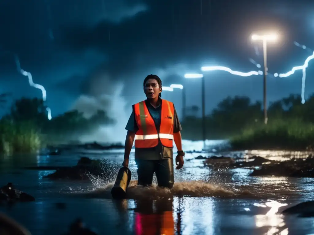 A person wades through waist-deep floodwaters in a dimly lit environment, with raindrops falling heavily on their face and lightning illuminating the sky in the background, holding a flashlight and wearing a safety vest, surrounded by debris and water destruction, with a sense of urgency and tension in the air