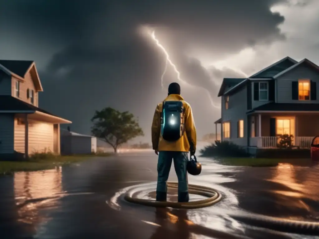 A person bravely stands in a knee-deep flooded street during a hurricane, flashlight and waterproof phone in hand