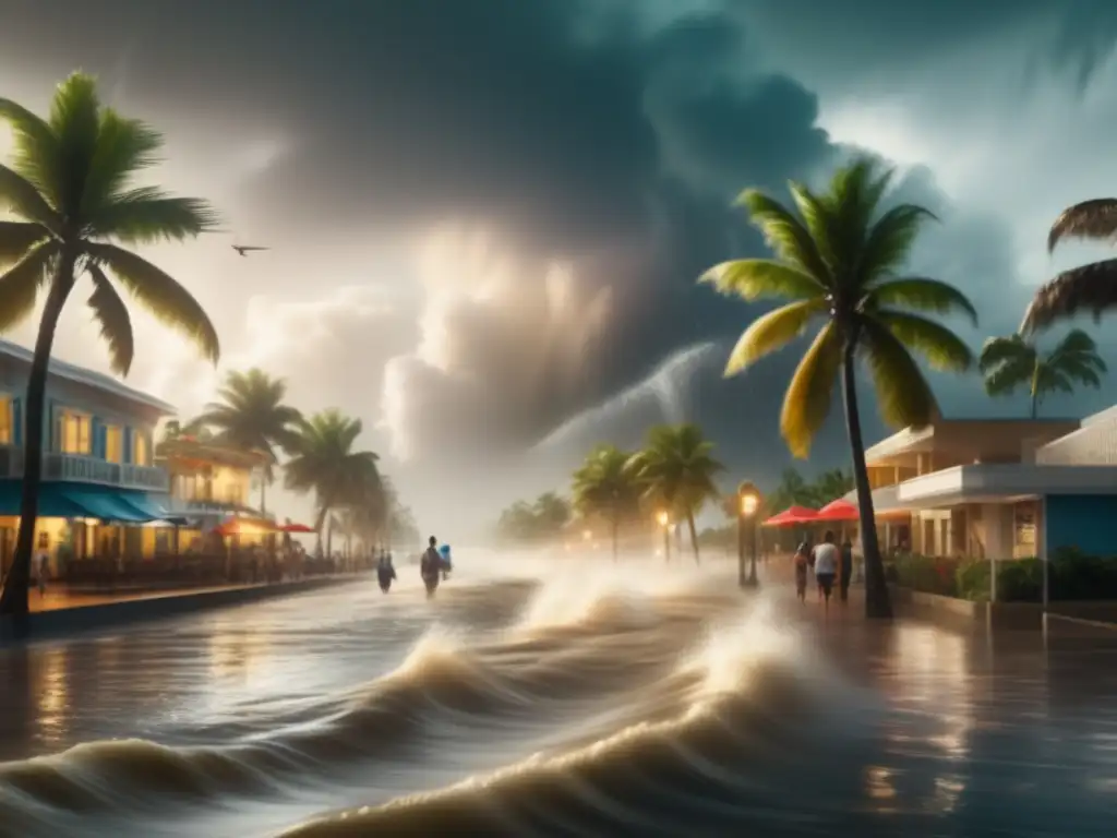 Hurricane wreaks havoc on the city, causing floodwaters to rush through the streets while palm trees sway in the wind