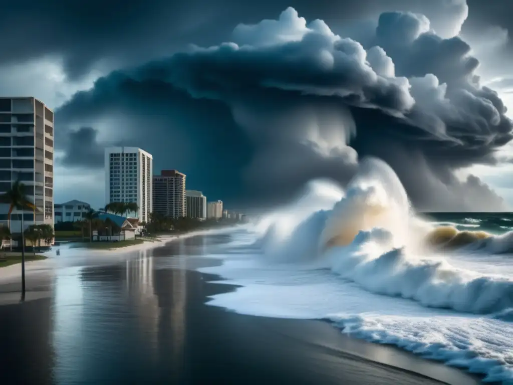 Intense hurricane battering Florida's southern coast - monstrous water waves tower above while dark clouds loom menacingly overhead