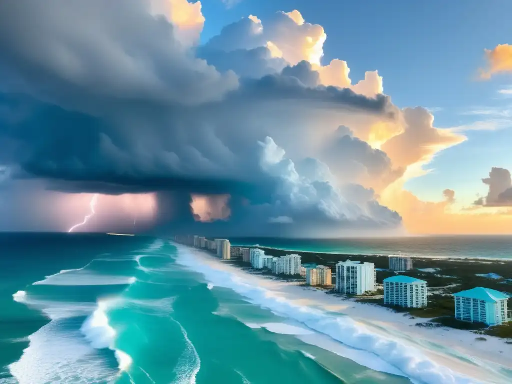 Florida coastline during a hurricane, towering waves crash against shore, hurricane winds whip up white foam