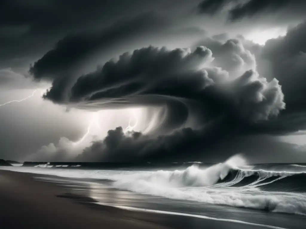 A mesmerizing blackandwhite photograph of a hurricane in full force, with monstrous waves smashing against the shore and lightning lighting up the sky