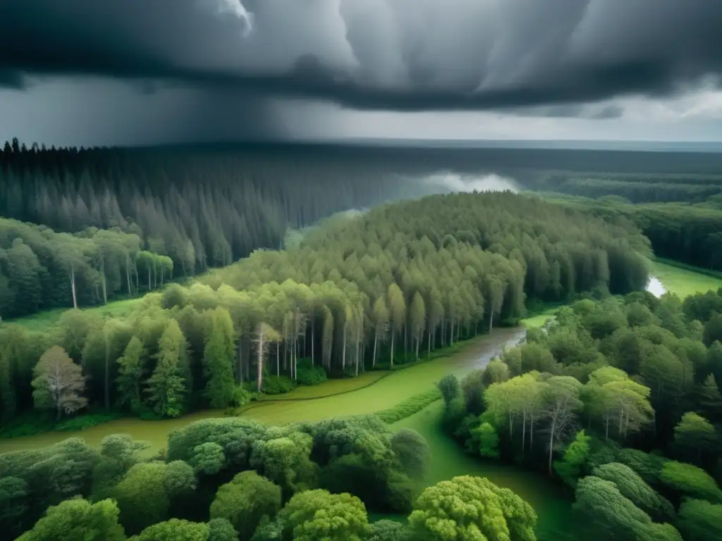 A stunning aerial shot of a sprawling forest, with majestic trunks and branches swaying in the wind against a dark cloudcovered sky