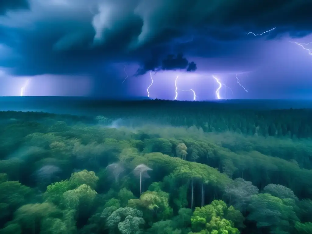 A breathtaking aerial view of a pounding hurricane engulfing a dense forest, with trees swaying dangerously as they come under relentless attack