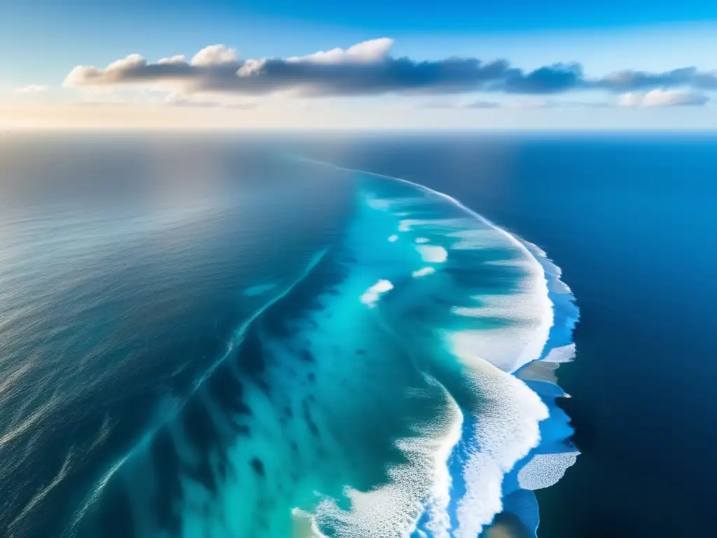 Black and foreboding cloud bursts, capturing the peak of a hurricane's power in an aerial shot of the ocean, with shimmering waves and swirling clouds