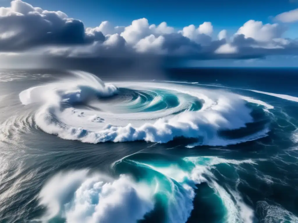 A cinematic view from above of hurricanes swirling in the North Atlantic Ocean's clear waters