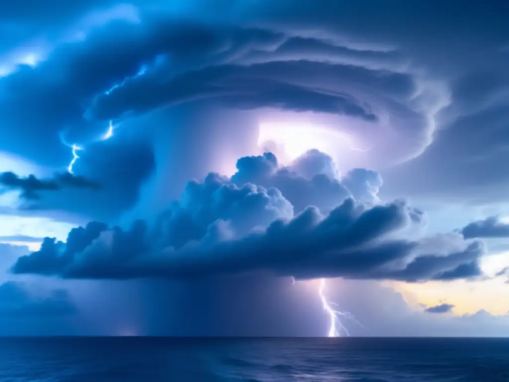 A cinematic 8k image of a tropical cyclone forming, with swirling clouds and lightning illuminating the dark blue waters below