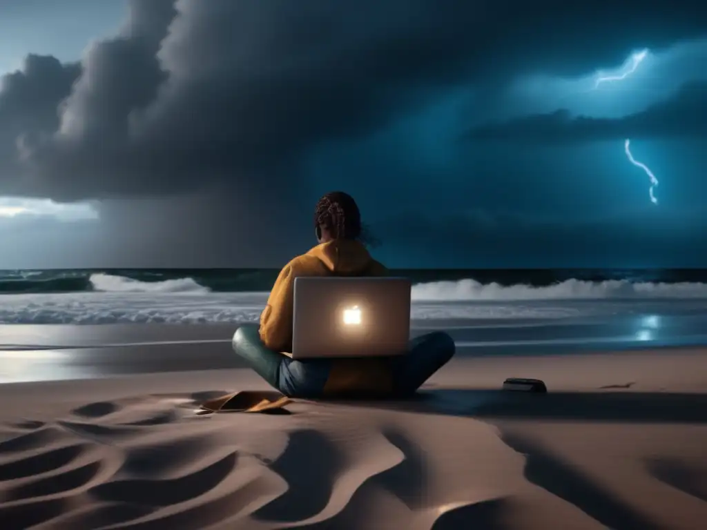 Freelancer braves hurricane on beach, determined to work through rain and dimly lit storm