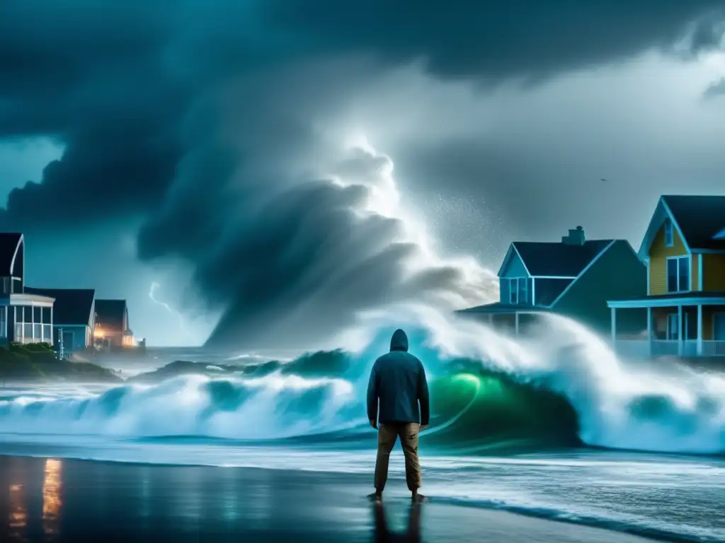 A captivating cinematic image of a formidable hurricane ravaging a coastal town