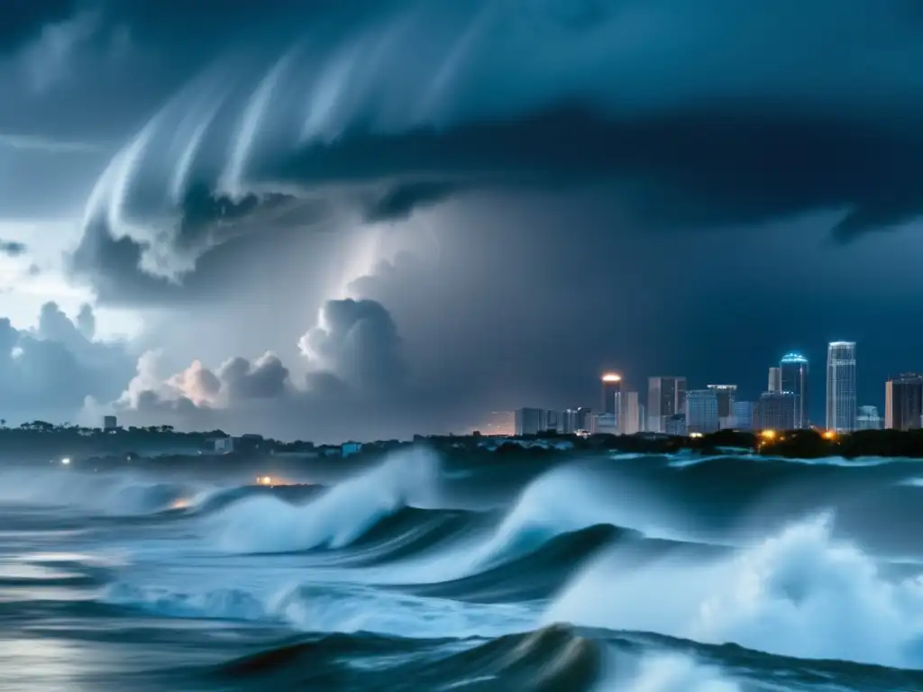 Dramatic and cinematic view of a hurricane, with dark clouds swirling around a fully lit city skyline