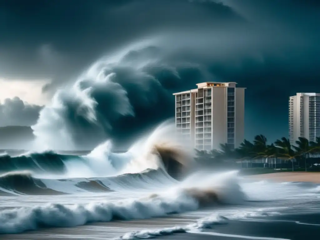 A thrilling image of a hurricane's wrath, with towering waves crashing onto a beachfront apartment building