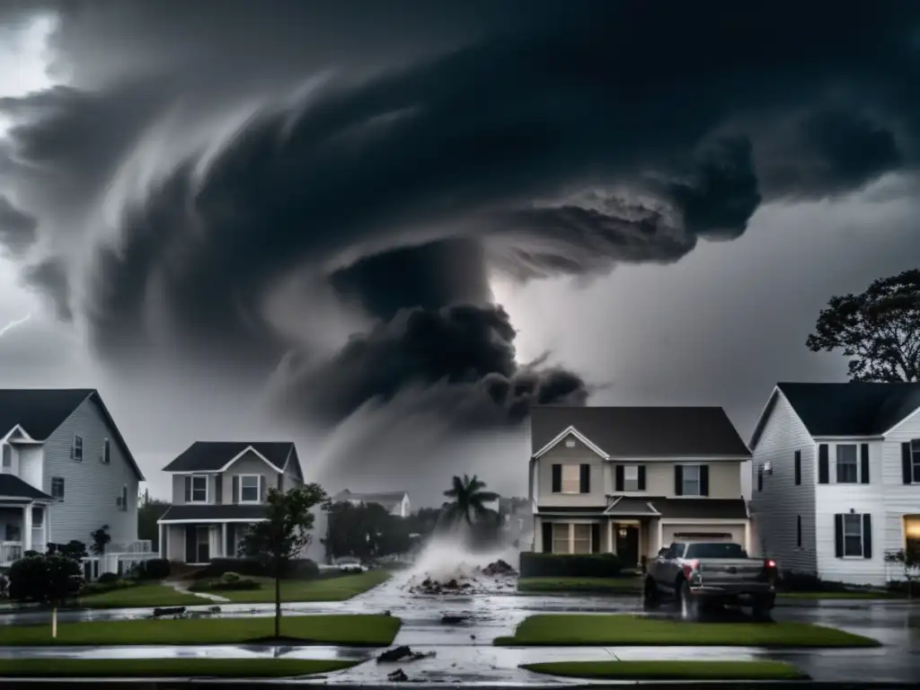 A monochromatic depiction of a hurricane ravaging a neighborhood, with broken windows and flying debris