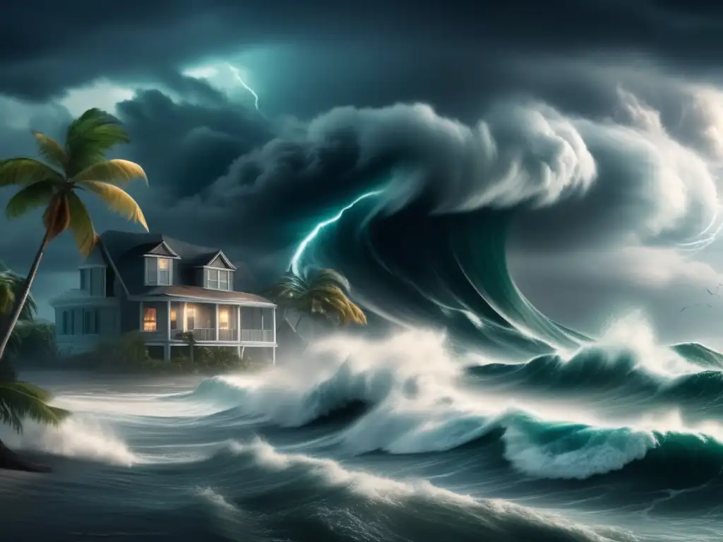 An awe-inspiring depiction of a devasting hurricane, with billowing clouds and hurricane force winds wrecking havoc on the shore