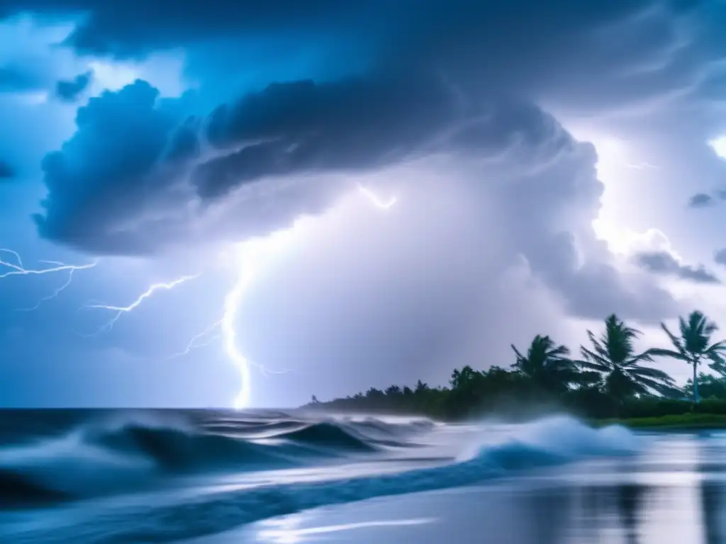 A dramatic photo captures the destructive force of a hurricane, as lightning strikes illuminate the storm clouds and blue skies