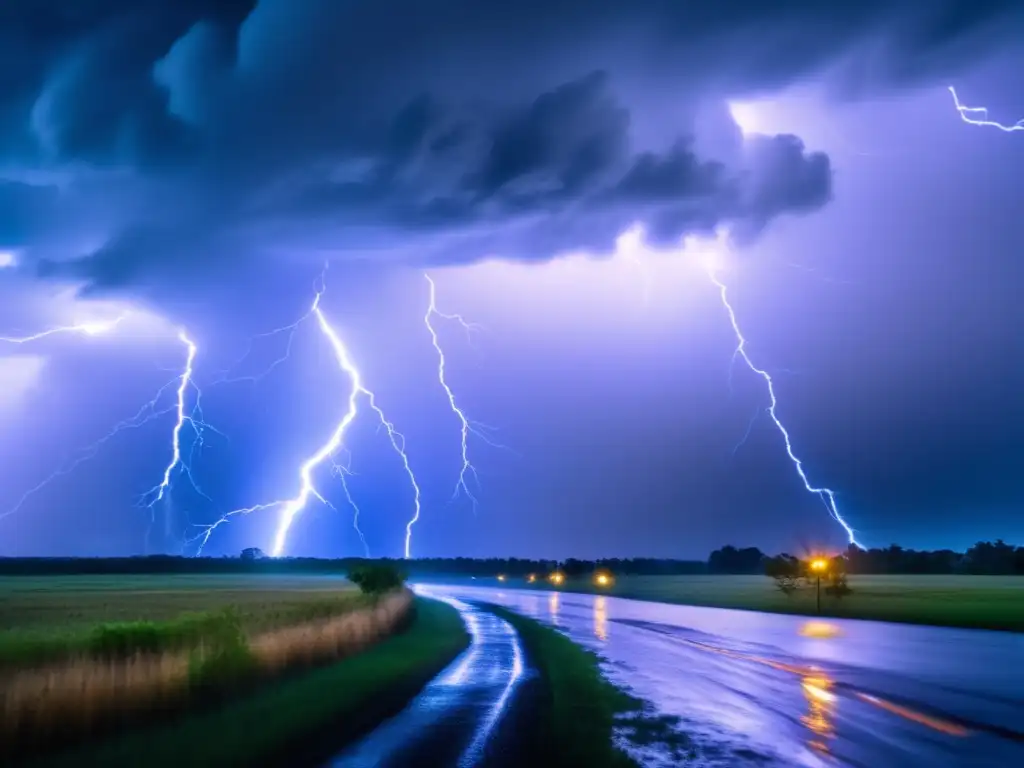 A cinematic depiction of a hurricane's power and intensity, with lightning and rain illuminating a dark, stormy sky