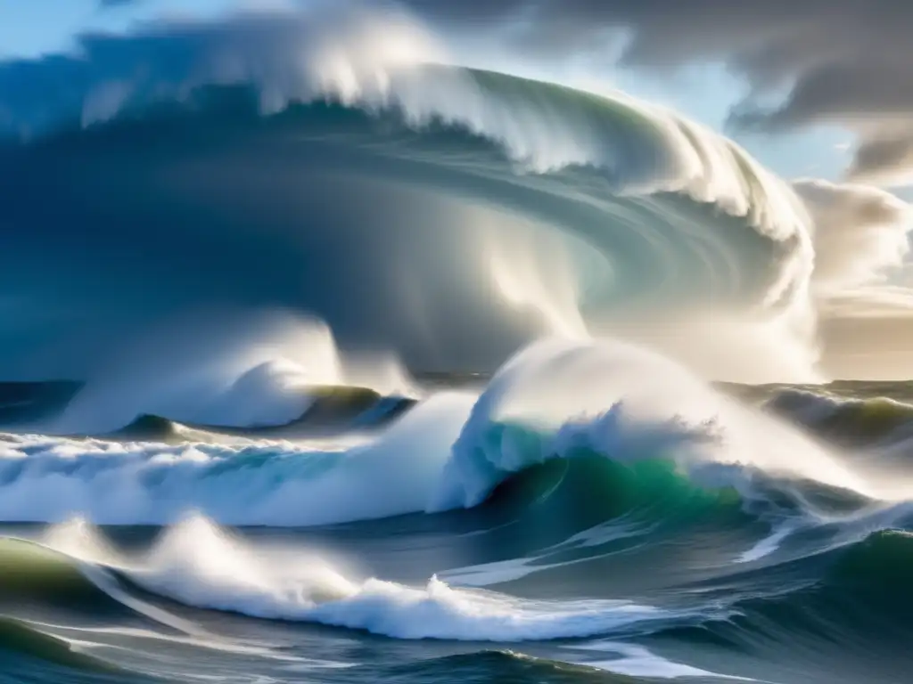 A haunting image captures the fury of a Category 5 hurricane, with towering waves and foam rapids dominating the frame