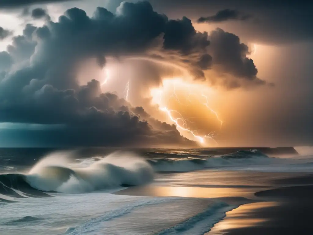 A dramatically lit aerial shot of a hurricane raging over the ocean, with lightning-filled skies and waves crashing against the desolate shore