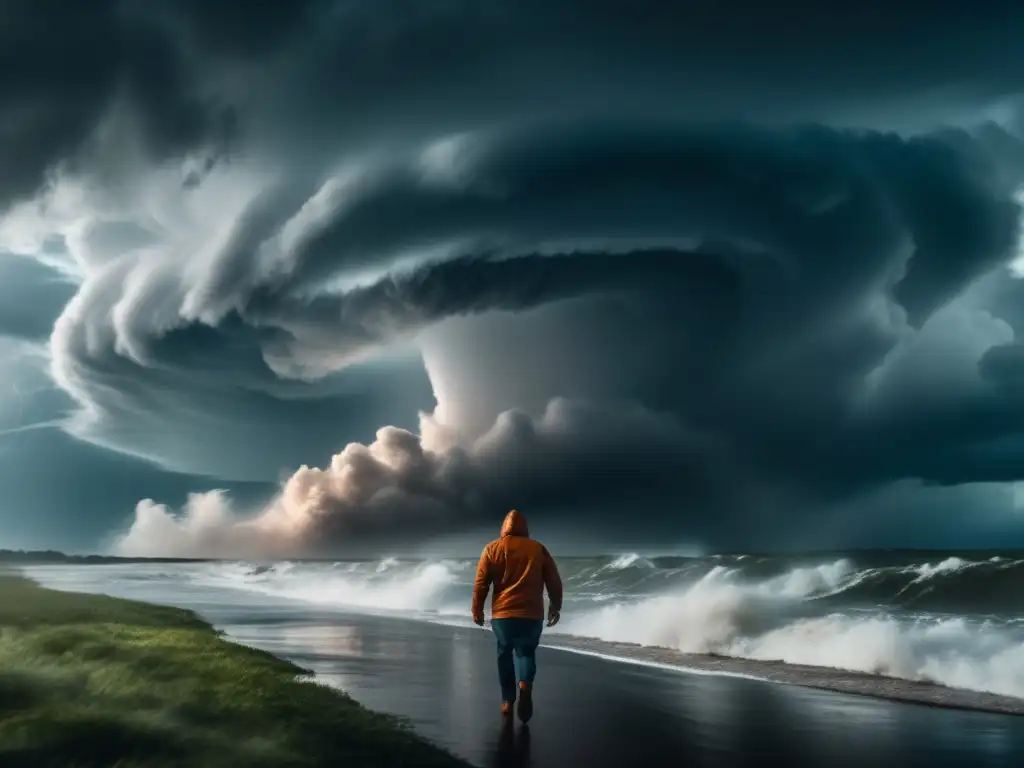 A captivating cinematic image of a fierce hurricane, powerful clouds shrouding the sky and torrential rain battering the ground, evoking the immense destructive force of nature