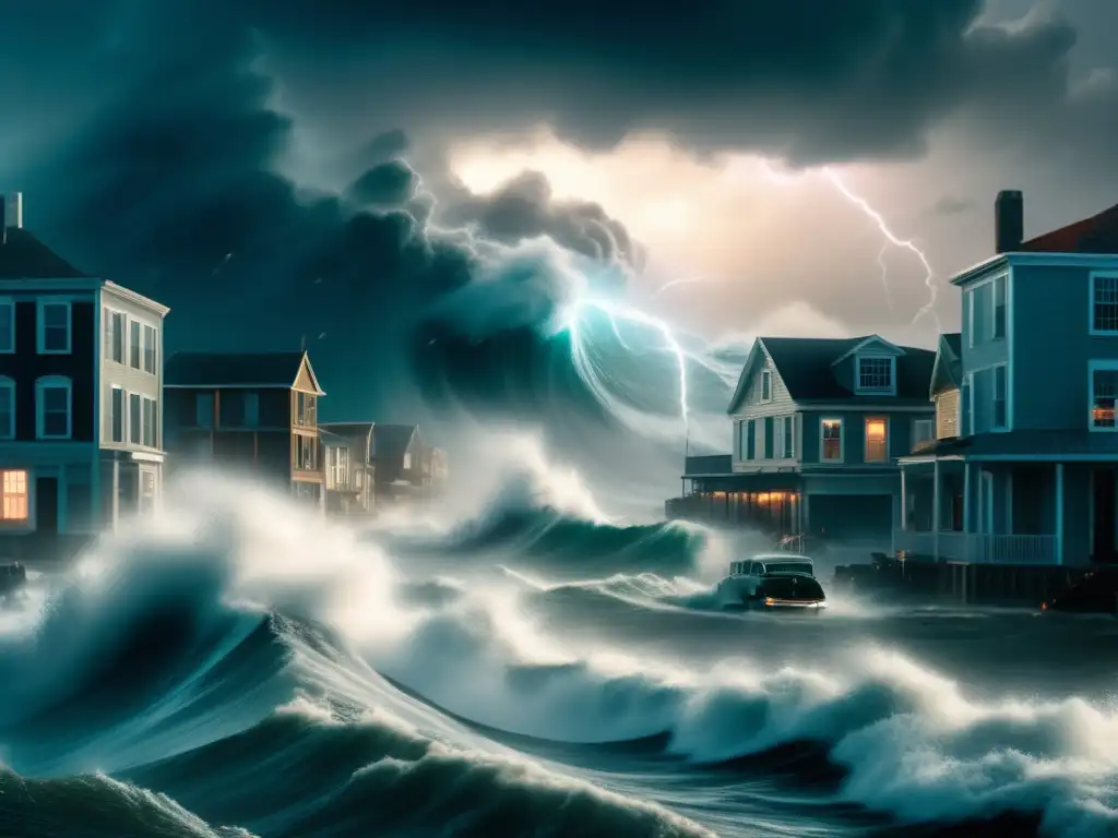 A storm scene in a coastal town, with towering waves and churning water engulfing the area