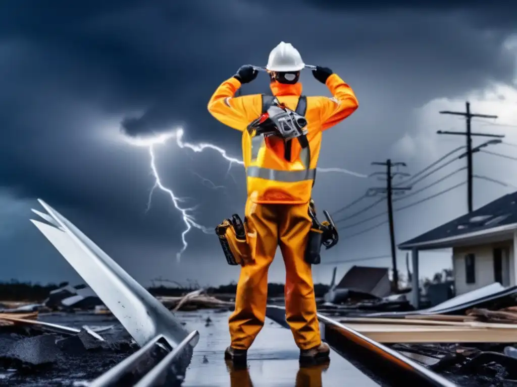 A hurricane survivor, donned in full gear and holding the necessary tools to fix damage, poses with a determination in her eyes as a stormy sky and downed power lines illuminate the destroyed building in the background