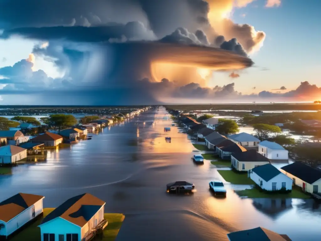 A haunting image of the aftermath of a hurricane in New Orleans, with flooded streets, dilapidated buildings, and displaced people