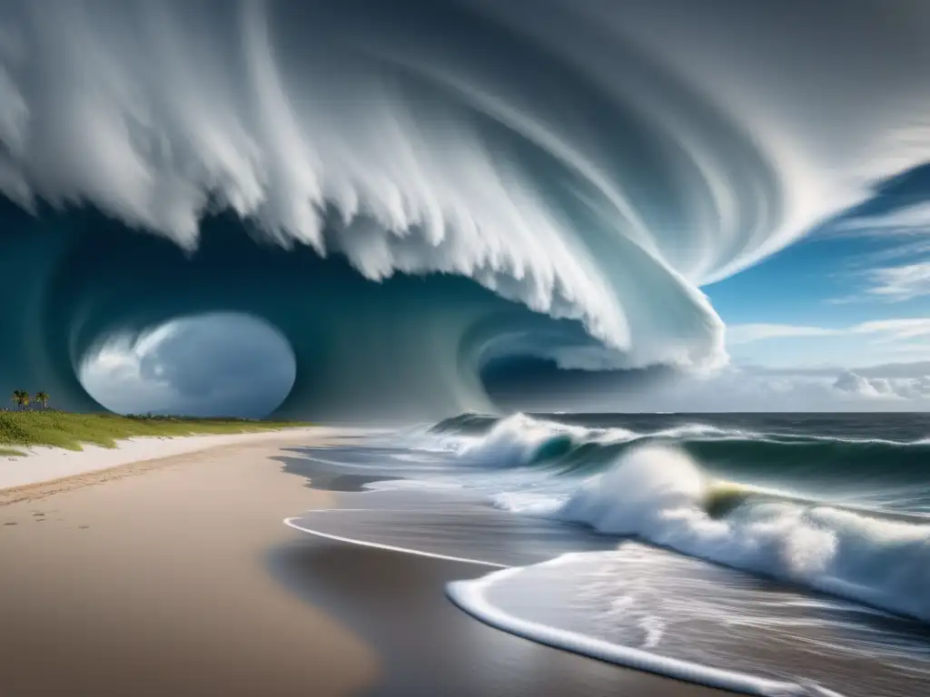 A majestic and daunting hurricane charges towards the shore, its dramatic waves reaching all the way to the horizon