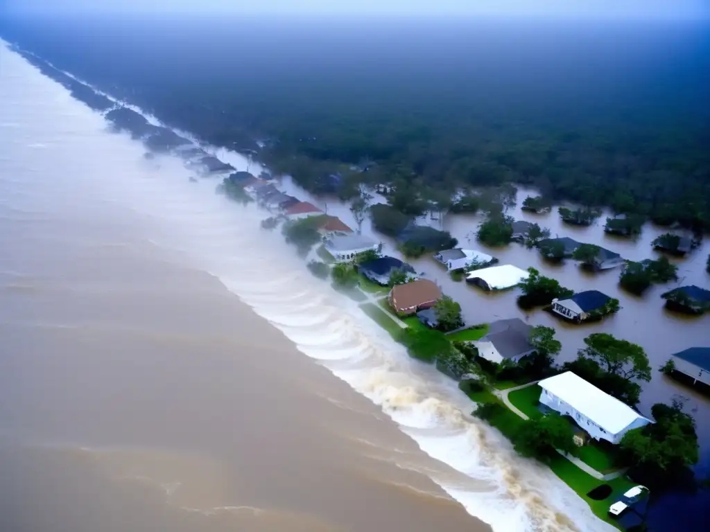 Hurricane Gustav hits Louisiana coastline in 2009, water surges over buildings and trees, causing widespread damage